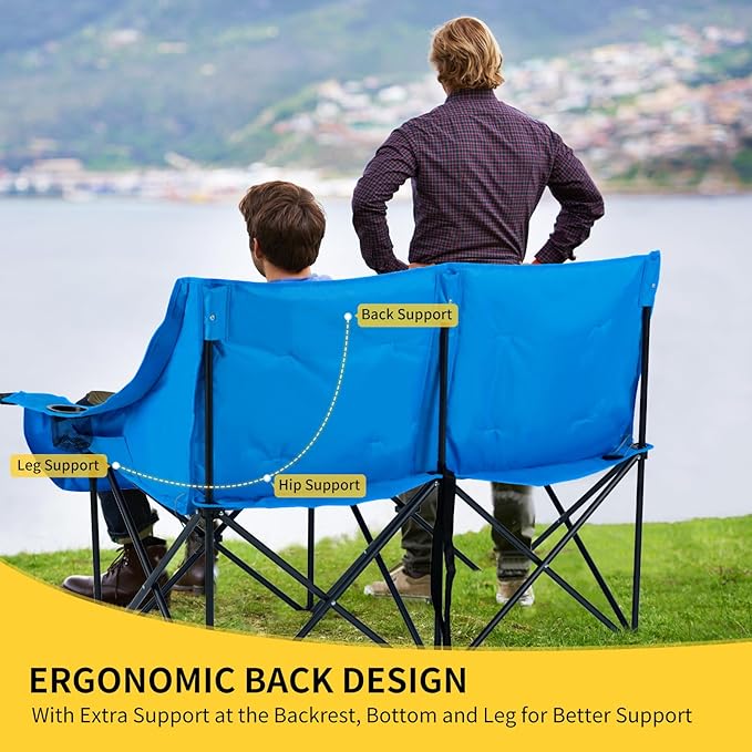 DoCred Heated Double Camping Chair, Folding 2 Person Camping Chairs Loveseat Outdoor Sports,Heated Oversized Lawn Chairs for Adults,Heating Camp Chair with 3 Heat Levels, Battery NOT Included
