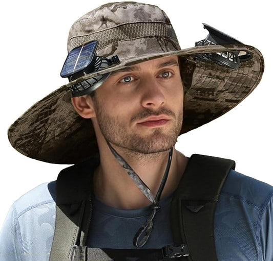 Outdoor Wide Brim Sun Hat with 2 Solar Powered Fan, Bucket Hat for Men Women, Fishing, Gardening & Beach Hat for Men