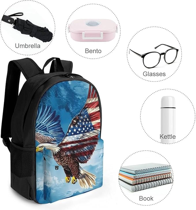 Lightweight Rucksacks for Camping Picnic Walking Cycling, Large Capacity Multipurpose Anti-Theft Carry On Bag, American Flag Eagle Travel Hiking Camping Rucksack
