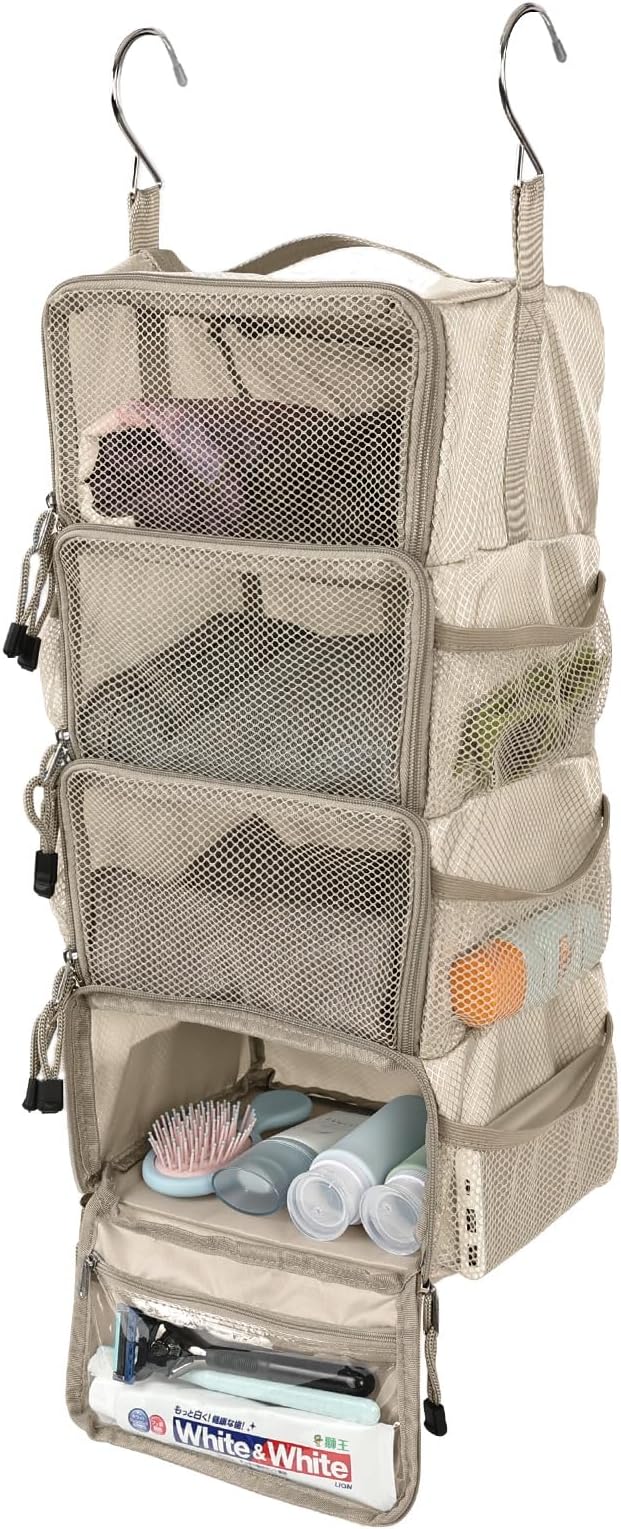 Surblue Travel Hanging Packing Cubes with 2 Hooks Hanging Shelves for Luggage Organizers Portable Compression 4 Shelf Closet Carry-on Suitcases Organizers, Small, Beige