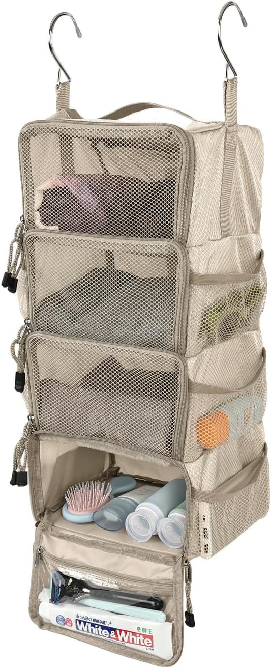 Surblue Travel Hanging Packing Cubes with 2 Hooks Hanging Shelves for Luggage Organizers Portable Compression 4 Shelf Closet Carry-on Suitcases Organizers, Small, Beige