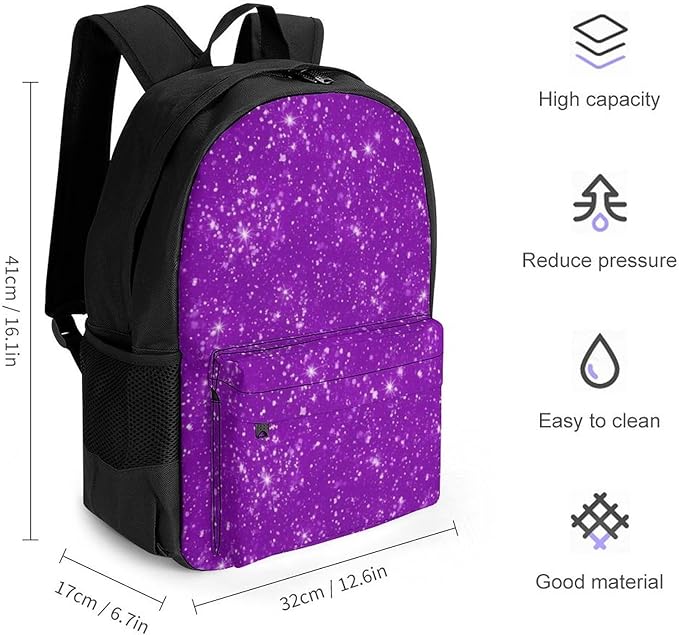Lightweight Daypack Backpack for Sports Travel Running, Large Capacity Multipurpose Anti-Theft Bookbag, Purple Glitter Sparkle Pattern Laptop Backpack Daypack