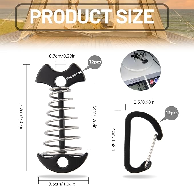 Deck Anchors with Carabiners XINCAMPING 12pcs Aluminum Deck Tie Down Anchor, Fishbone Stake Tent Stakes,Windproof Rope Tighteners & Adjusters for Tents, Canopies, Camping Furniture Black