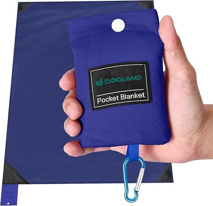Odoland Beach Blanket Picnic Blanket, 43" x 63" SandProof Waterproof Outdoor Pocket Blanket with Portable Bag, Foldable Lightweight Sand Free Quick Drying Beach Mat for Hiking Camping Travel, Blue
