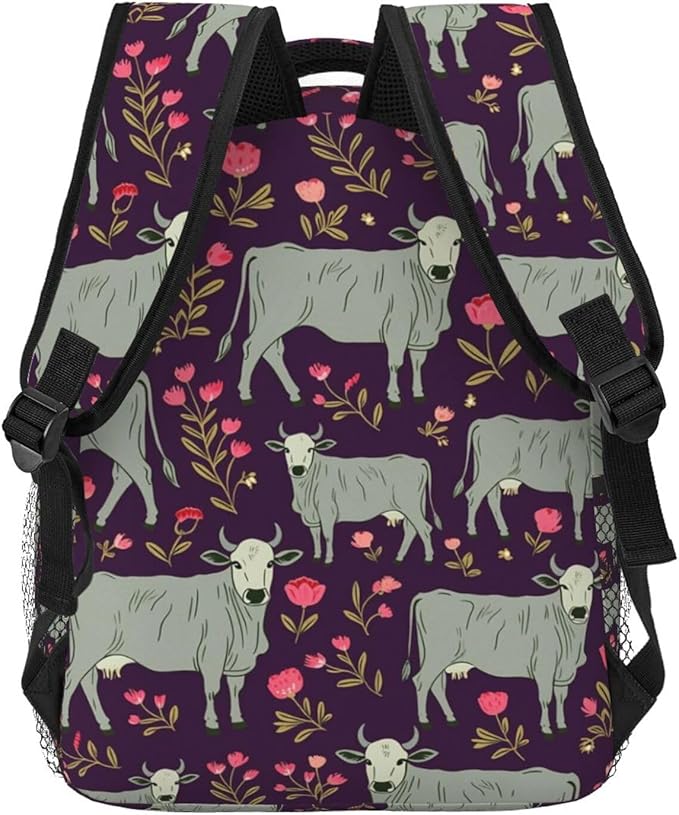 Polyester Daypack for Camping Travel Walking Cycling, Big Capacity Anti-Theft Multipurpose Bookbag, Brahman Cow Floral Camping Outdoor Backpack
