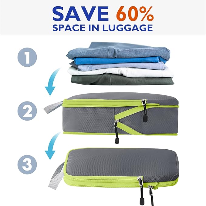 Compression Packing Cubes, 10 Set Packing Cubes for Travel Compression, Lightweight Compressible Package Organizer for Carry On and Suitcases, Grey and Green