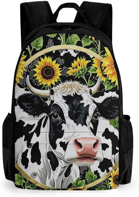 Supdreamc Lightweight Rucksacks for Climbing Outdoors Walking Cycling, Large Capacity Anti-Theft Multipurpose Carry On Bag, Farm Cow Sunflower Print Camping Outdoor Backpack