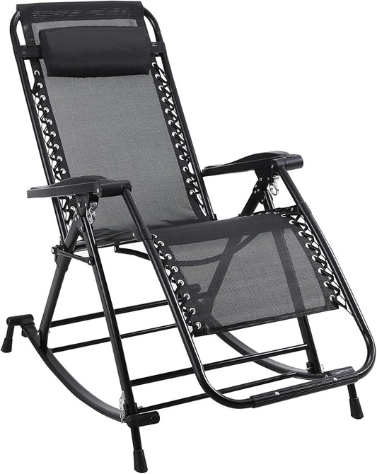 Outdoor Rocking Chairs, Foldable Reclining Zero Gravity Lounge Rocker with Pillow, Cup & Phone Holder, Combo Design with Folding Legs