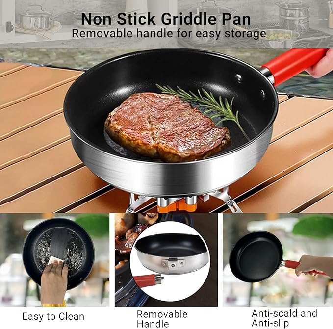 Camping Cookware Set 304 Stainless Steel Cooking Pots Pan Set with Travel Tote Bag For Camping Outdoor Kitchen Cooking Picnic For 4-6