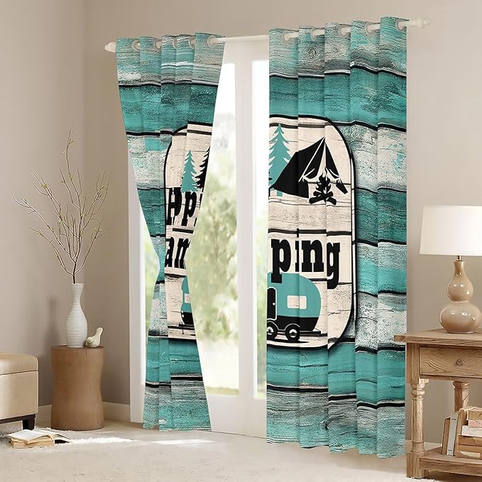 Erosebridal Camper Window Curtains 42" Wx90 L Happy Camping Blackout Curtains for Bedroom Living Room,Country Camping Adventure Window Treatments Sketch Drawing Wooden Farmhouse Drapes Decor 2 Panels
