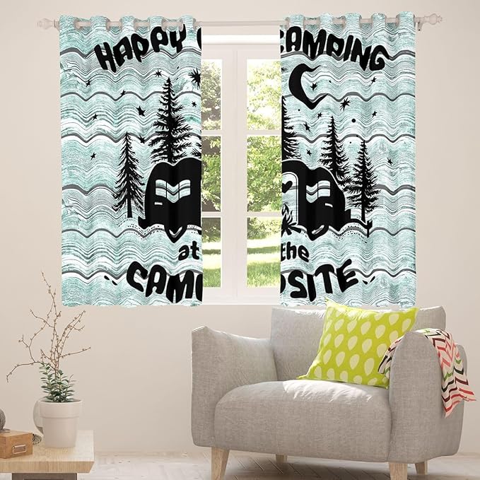 Feelyou Happy Camping Curtains for Bedroom Living Room Rv Camping Camper Blackout Darkening Drapes Travel Trailers Window Treatments, 2 Panels 52 x 63 Inch Room Decor