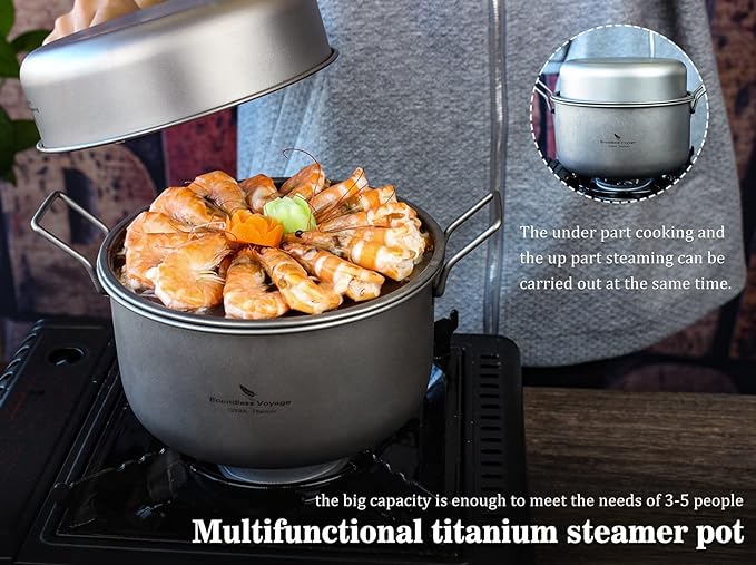 Boundless Voyage Multifunctional Titanium Steamer Pot with Frying Pan and Vented Lid Outdoor Camping Backpacking Kitchen