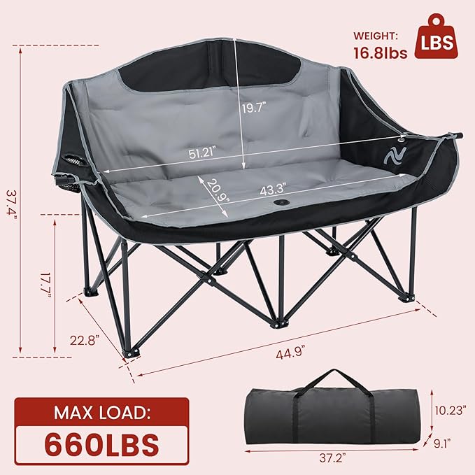 DoCred Heated Double Camping Chair, Heated Folding Camping Chairs Loveseat Outdoor Sports,Heating Oversized Lawn Chairs for Adults,2 Person Camp Chair with 3 Heat Levels, Battery NOT Included