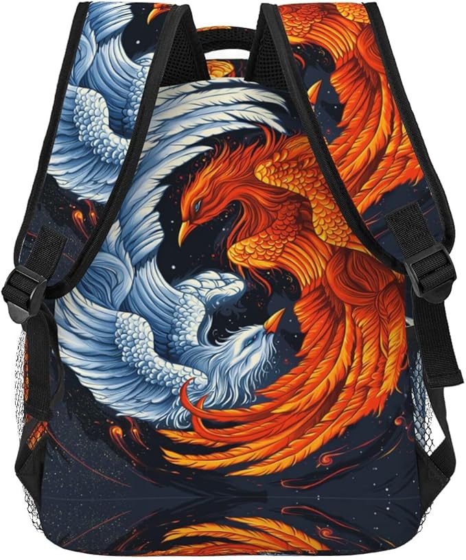 Men Women Polyester Ice Water Fire Flame Phoenix Bird Art Daypack Big Capacity Shoulder Bag With Adjustable Shoulder Straps for Camping Travel Walking Cycling