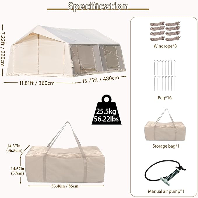 Inflatable Camping Tent with Hand Pump Waterproof Outdoor Blow up Tent 2-8 Person Oxford 4 Season Glamping Air Tent Cabin House with Mesh Windows & Door