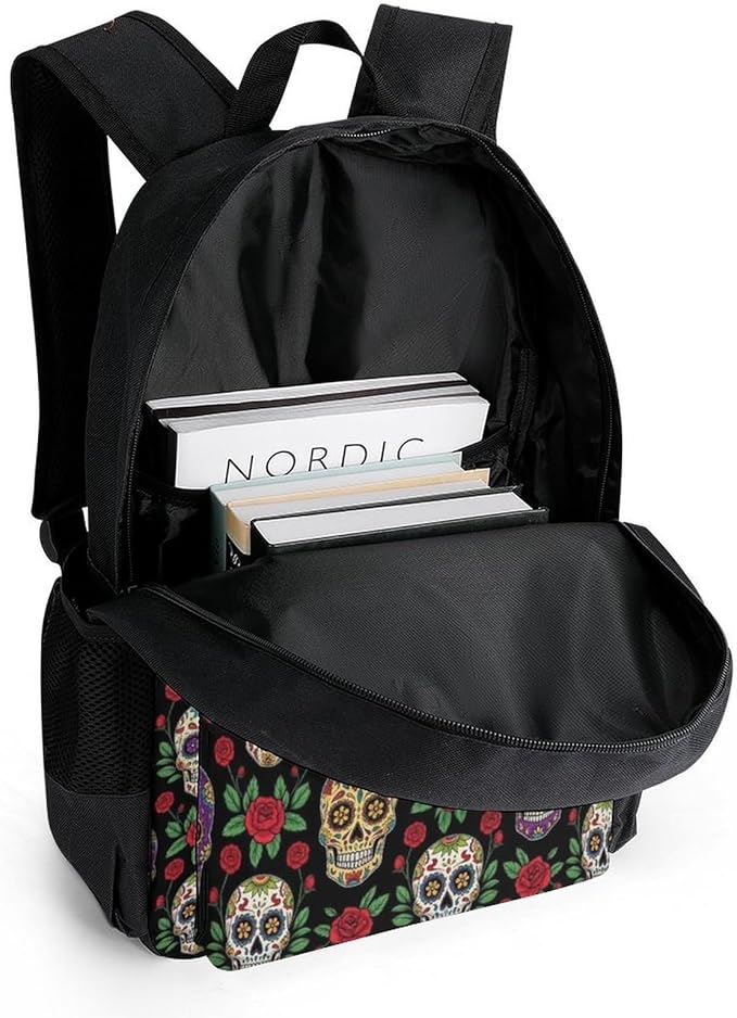 Supdreamc Men Women Polyester Mexican Day Dead Rose Sugar Skulls Backpack Large Capacity Bookbag With Smooth Zippers for Climbing Picnic Bicycle