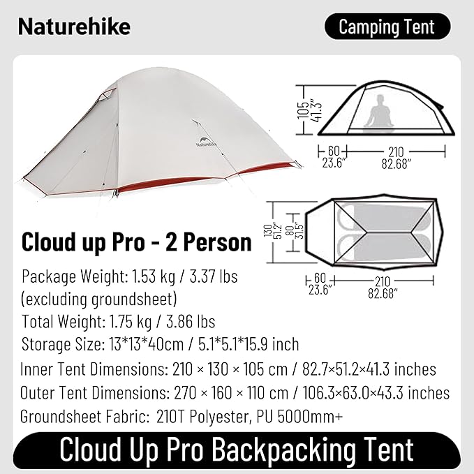 Naturehike Cloud up Pro Camping Tent, 1/2/3 Person Ultralight Tents, 3 Season Backpacking Tent, Waterproof for One Man, Self-Standing Easy Setup for Cycling, Outdoor Camp