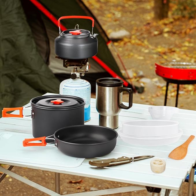 Gutsdoor Camping Cookware Set Camping Gear Campfire Utensils Non-Stick Cooking Equipment Lightweight Stackable Pot Pan Bowls with Storage Bag for Outdoor Hiking