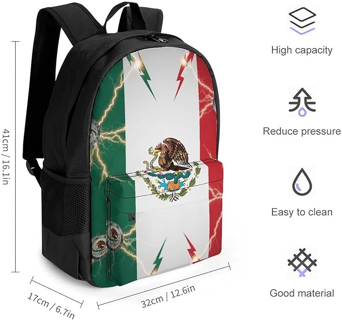 Polyester Daypack Backpack for Trekking Picnic Walking Cycling, Large Capacity Anti-Theft Multipurpose Shoulder Bag, Cool Lightning Eagle Mexico Flag Art Casual Daypack