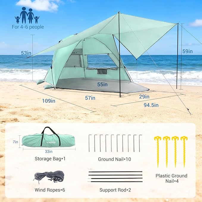 Elegear CumbreX™ Beach Tent with 360° Removable Canopy, 4-6 Person Pop Up Sun Shade Shelter, UPF 50+ Automated Installation Double Silver Coating Portable Lightweight Beach Cabana for Outdoor - Green