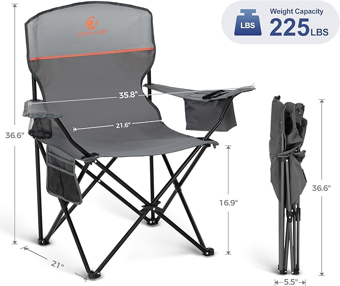 LET'S CAMP Camping Chair 2 Pack Folding Chair with 3-Can Cooler Bag Portable Lawn Chair with Cup Holder,Storage Pocket, Supports 225LBS, Collapsible Chair for Camp, Beach, Picnic (Grey)