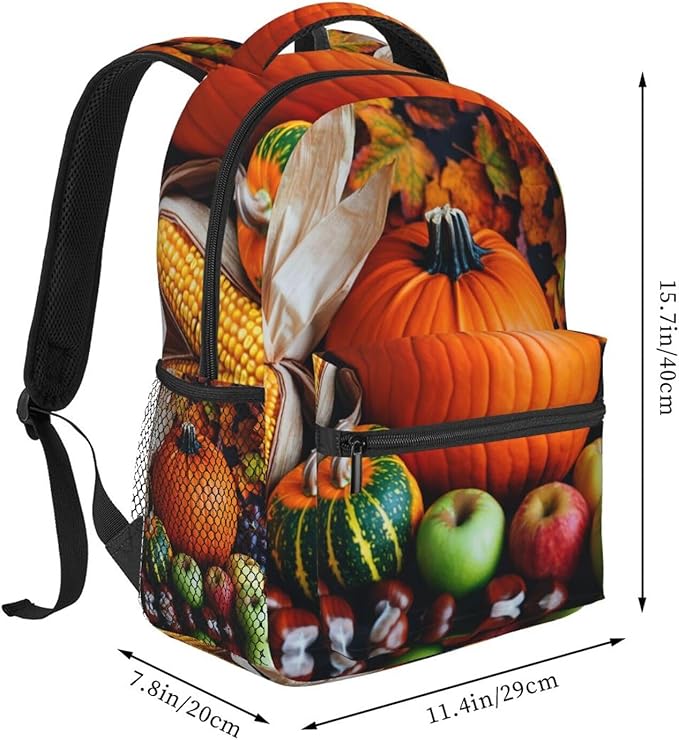 Shoulder Book Bags Anti-Theft Multipurpose Big Capacity Bookbag, Thanks Giving Pumpkin Corn Fruit Art Travel Hiking Backpack With Smooth Zippers