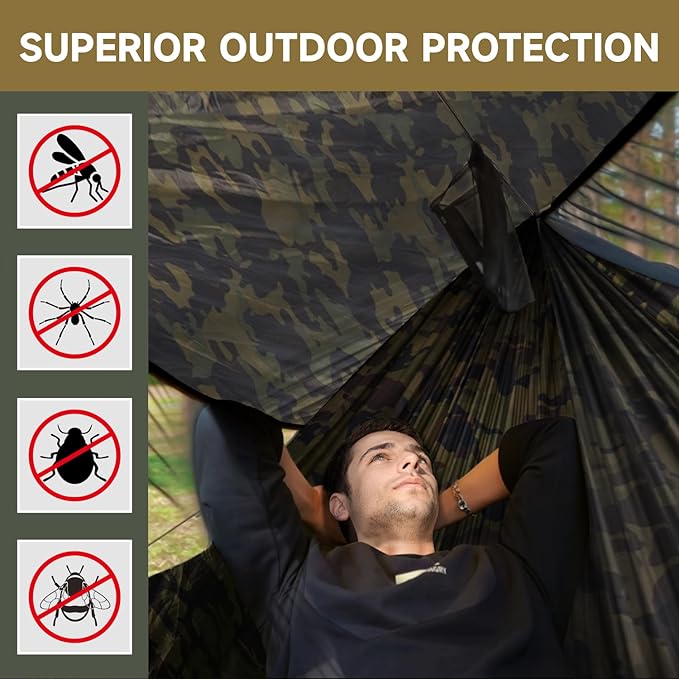 Camping Hammock with Mosquito Net and Sunshade, Backpacking Hammock with Ridge Rope Tree Straps, Lightweight Portable Hammocks for Outside, Hiking, and Travel