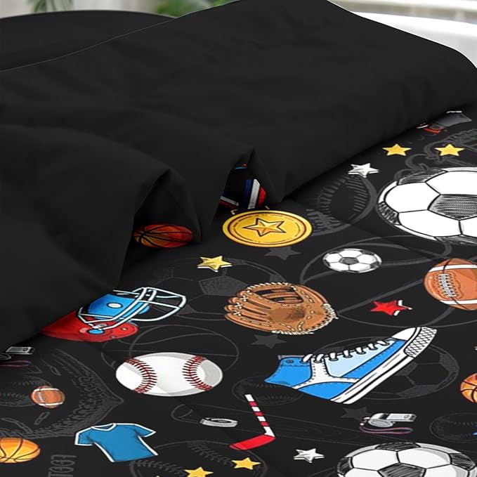 Comforter Set Twin Size, Basketball Football Baseball 5 Pcs Bedding for Kids and Adults, Hockey Soccer Sport Bed Sheet Sets with Fitted Sheet Pillowcase & Sham for Bedroom Bed Decor