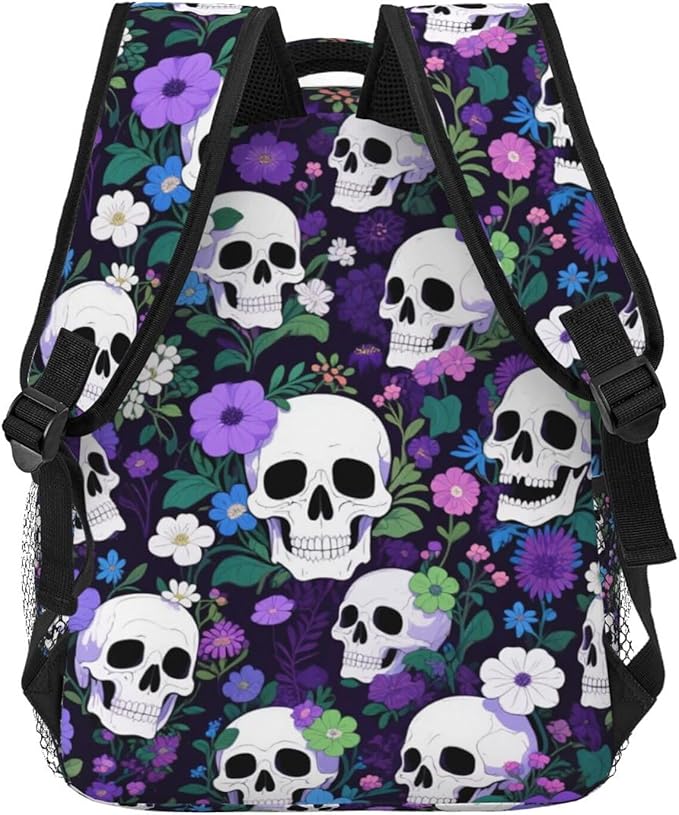Rucksack Anti-Theft Multipurpose Large Capacity Carry On Bag, Flower Skull Purple Travel Hiking Bag Day Pack With Side Pockets