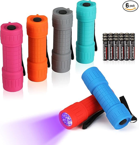 EverBrite Black Light Flashlight 6 Pack, UV Mini Flashlight, 9-Led 395nm Detector for Pet Urine, Stains, Scorpions, 18 AAA Batteries Included