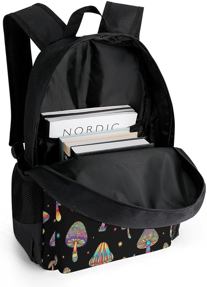 Supdreamc Men Women Polyester Trippy Magic Moon Mushrooms Daypack Backpack Large Capacity Carry On Bag With Smooth Zippers for Hiking Picnic Walking Cycling