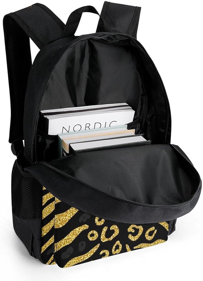 Supdreamc Polyester Daypack Backpack for Climbing Outdoors Running, Big Capacity Multipurpose Anti-Theft Bookbag, Gold Glitter Animal Skin Tiger Stripes Print Travel Hiking Camping Rucksack