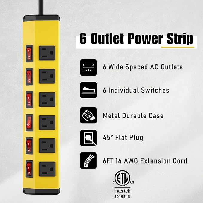 ANNQUAN 6 Outlet Metal Power Strip with 6 Individual Switches,Heavy Duty Power Strip 1200J 15A 6FT Cord Home Office Industrial Commercial Shop
