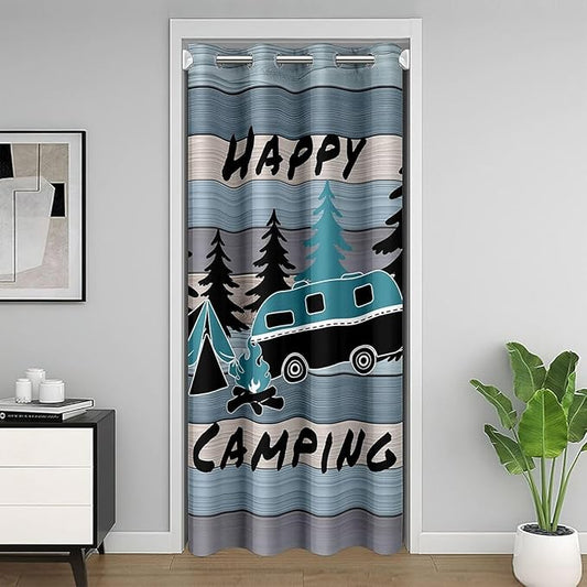 Camper RV Trailer Kids Door Curtain,Tent Bonfire Campfire Pine Nature Blackout Curtain,Wooden Plank Cabin Rustic Bedroom Doorway Living Room Decor,Country Blue Privacy Door Drape 1 Panel,52" W X 80" L