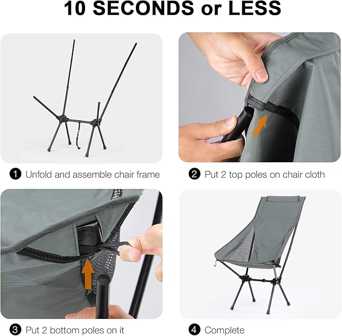 Foldable Lightweight High Back Camping Chair for Outdoor, Portable Travel Chair for Adults, Gray