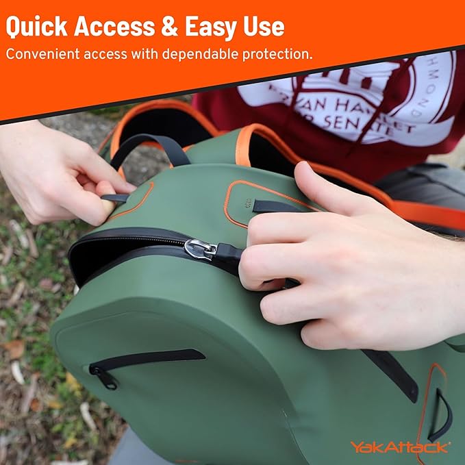 YakAttack 28L DryPak Waterproof Backpack - Green/Orange | Floating Marine Dry Bag Pack with Padded Straps for Kayaking, Fishing & Hiking | 10" x 22" x 12" | Lightweight Outdoor Gear & Storage Drybag