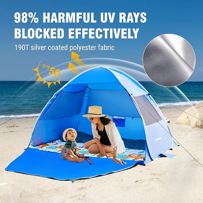EchoSmile Pop Up Beach Tent for 4 Person Family, UPF 50+ Sun Shelter & Waterproof Beach Shade for Kids, Automatic Easy Setup Portable Cabana for Outdoor Travel （Dark Blue）