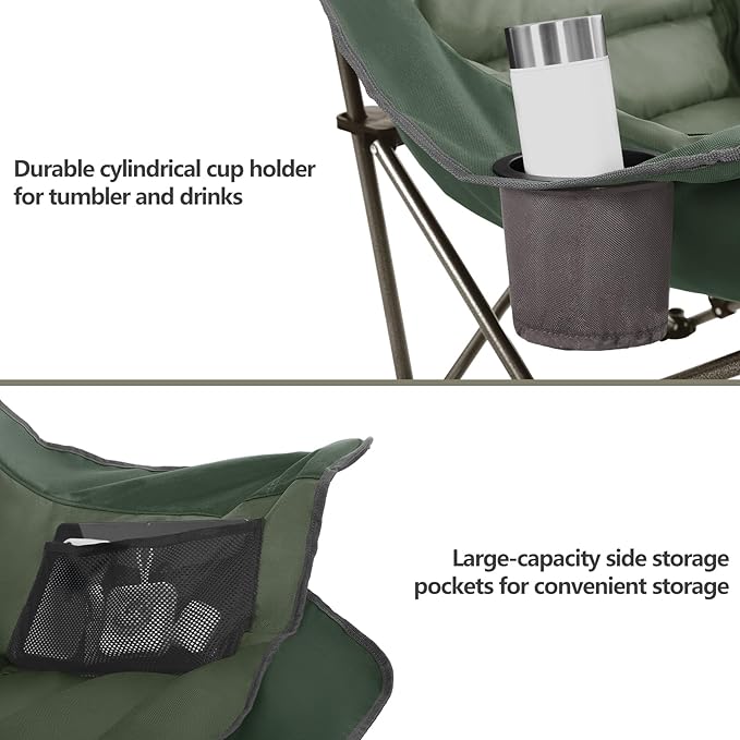 Oversized XL Padded Camping Chair Wide Heavy Duty Lawn Chairs Support 450 LBS Portable Folding Gaint Plus Camp Chair with Side Pocket Cup Holder for Outdoor Outside Sports Baseball-Green