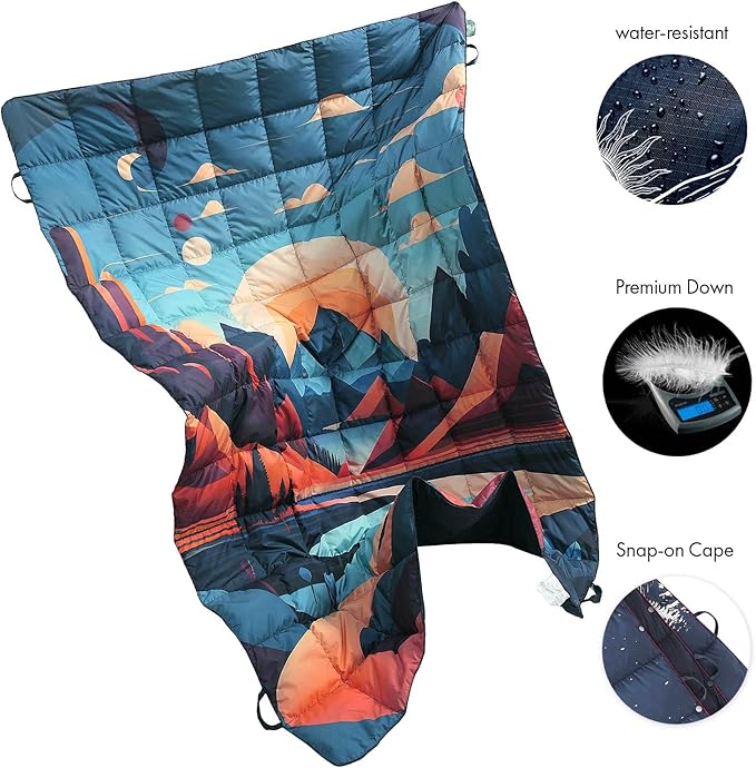 Down Camping Blanket, Ultralight Compact Packable Throw with Snaps for Outdoor Indoor, Travel Stadium Concert Picnic Beach, Puffy 650 Fill Down Water-Resistant Quilt (Mountain Sunset)