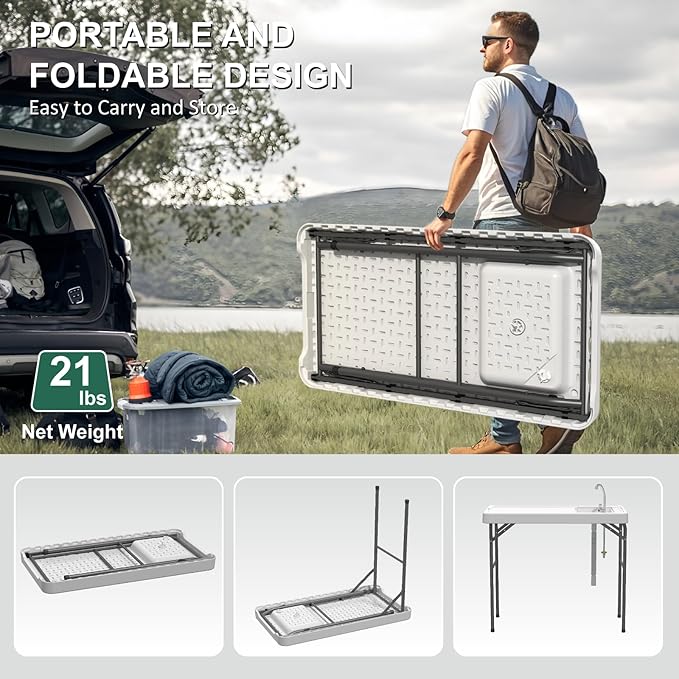 Fish Cleaning Table with Sink, 42.5" Folding Camping Table & Fish Cleaning Station with Measure Mark, Camping Sink with Hose Hookup for Outdoor Picnic, Beach, Dock & Patio Use