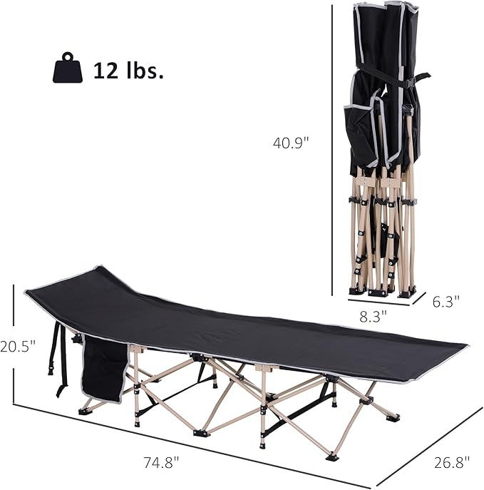Outsunny Folding Camping Cot for Adults with Carry Bag, Side Pocket, Outdoor Portable Sleeping Bed for Travel, Camp, Vacation, 330 lbs. Capacity, Black