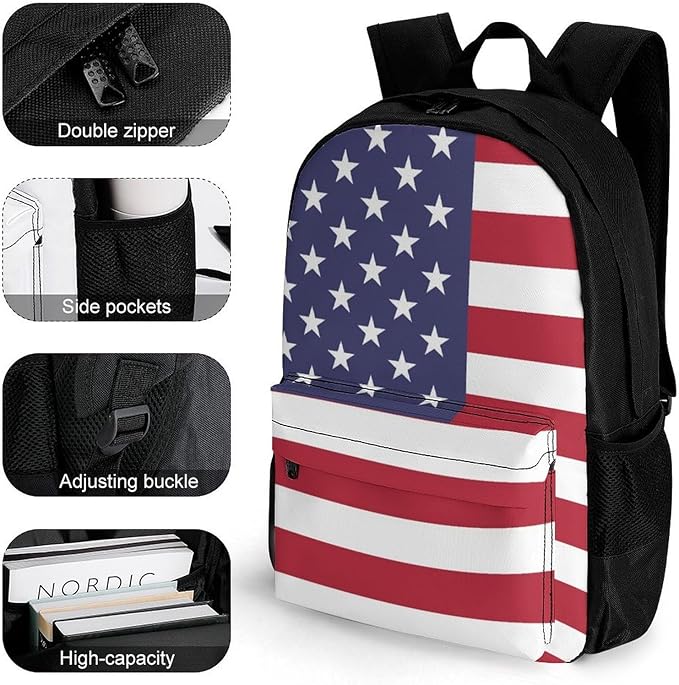 Men Women Lightweight American Usa Flag Backpack Large Capacity Carry On Bag With Padded Straps for Sports Work Walking Cycling