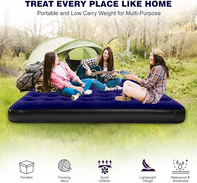 King Size Camping Air Mattress Bed with Air Pump,80"x 72"Thickened Portable Blow Up Inflatable Air Mattress,Travel Sleeping Bed Pad for Camping Home Hiking