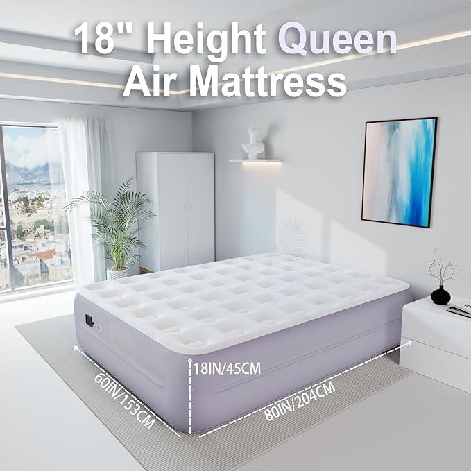 Queen Air Mattress wit with 1300mAh Battery Powered Pump,18"Raised Super soft and comfortable Dutch velvet fabric750lbs Support Portable Inflatable Mattress,Air Bed for Camping, Home and Guest-Purple