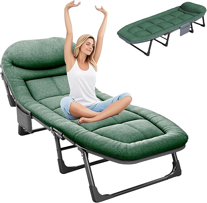SunSettler Camping Cot with Mattress, Portable Cot Bed for Adults, Foldable Padded Sleeping Cots for Camping Travel Tent Day Bed Outdoor & Home Guest (L)
