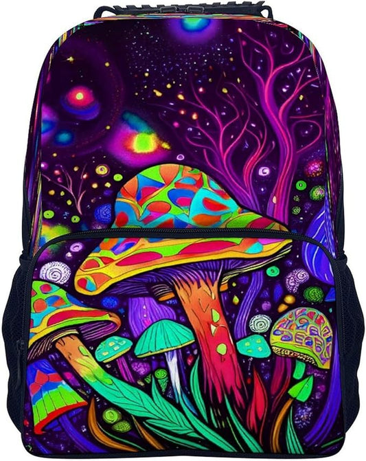 Polyester Daypack Backpack for Sports Travel Running, Big Capacity Anti-Theft Multipurpose Carry On Bag, Psychedelic Magic Mushrooms Trippy Art Laptop Book Bag Rucksack