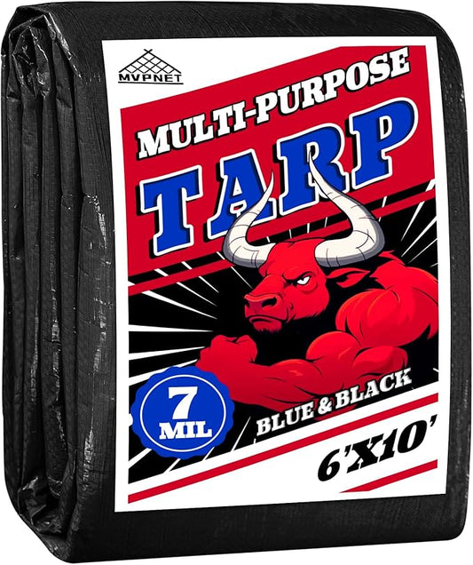 Tarp 6x10 Waterproof 7mil Blue/Black Multipurpose Tarps Uv Resistant Outdoor Tarp for Camping, Rooftops, Yards, Pools, Vehicles, Boats by-MVPNET