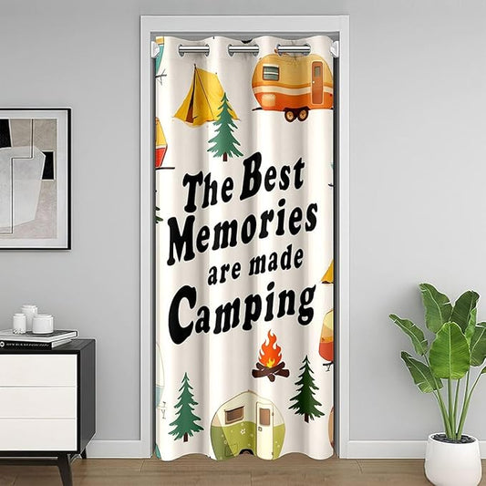 Cartoon Camper Kids Door Curtain,Tent Bonfire Campfire RV Trailer Blackout Curtain,Pine Tree Daisy Flower Rustic Bedroom Doorway Living Room Decor,Cream Privacy Door Drape 1 Panel,34" W X 80" L