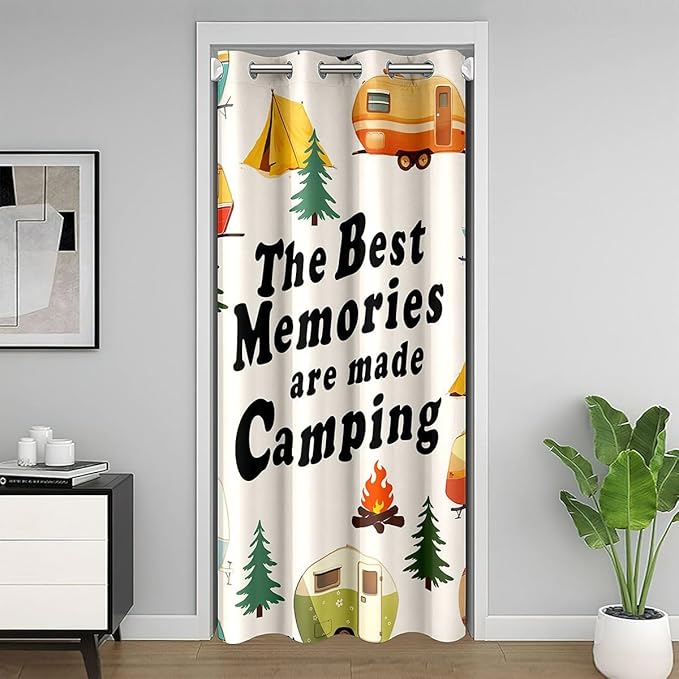 Cartoon Camper Kids Door Curtain,Tent Bonfire Campfire RV Trailer Blackout Curtain,Pine Tree Daisy Flower Rustic Bedroom Doorway Living Room Decor,Cream Privacy Door Drape 1 Panel,42" W X 80" L