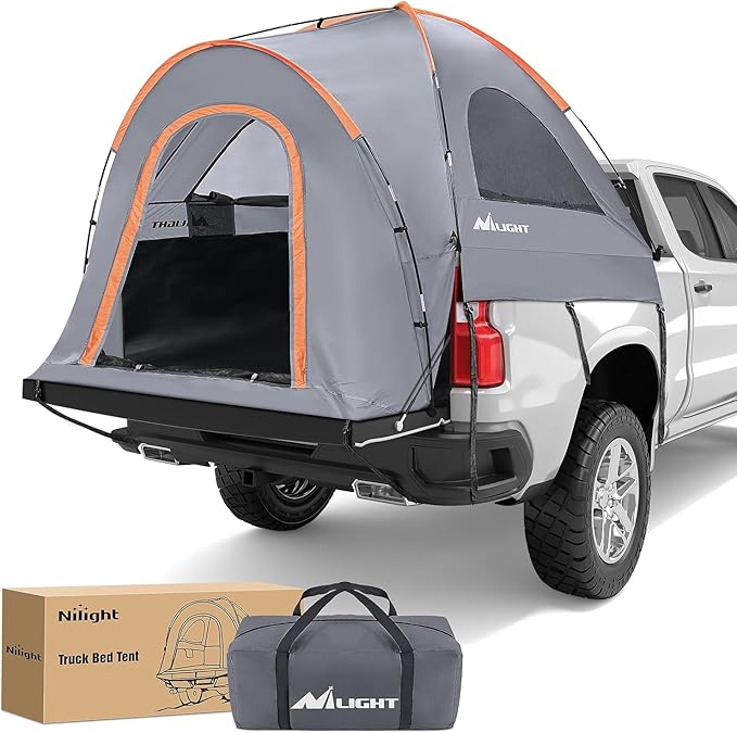 Nilight Truck Bed Tent 5.2-5.8 FT Pickup Tents with Rainfly Waterproof PU2000mm Double Layer Tent for Truck 2-Person Portable Full Size Short Tailgate Bed Tent for Camping Outdoor Travel, Orange Grey